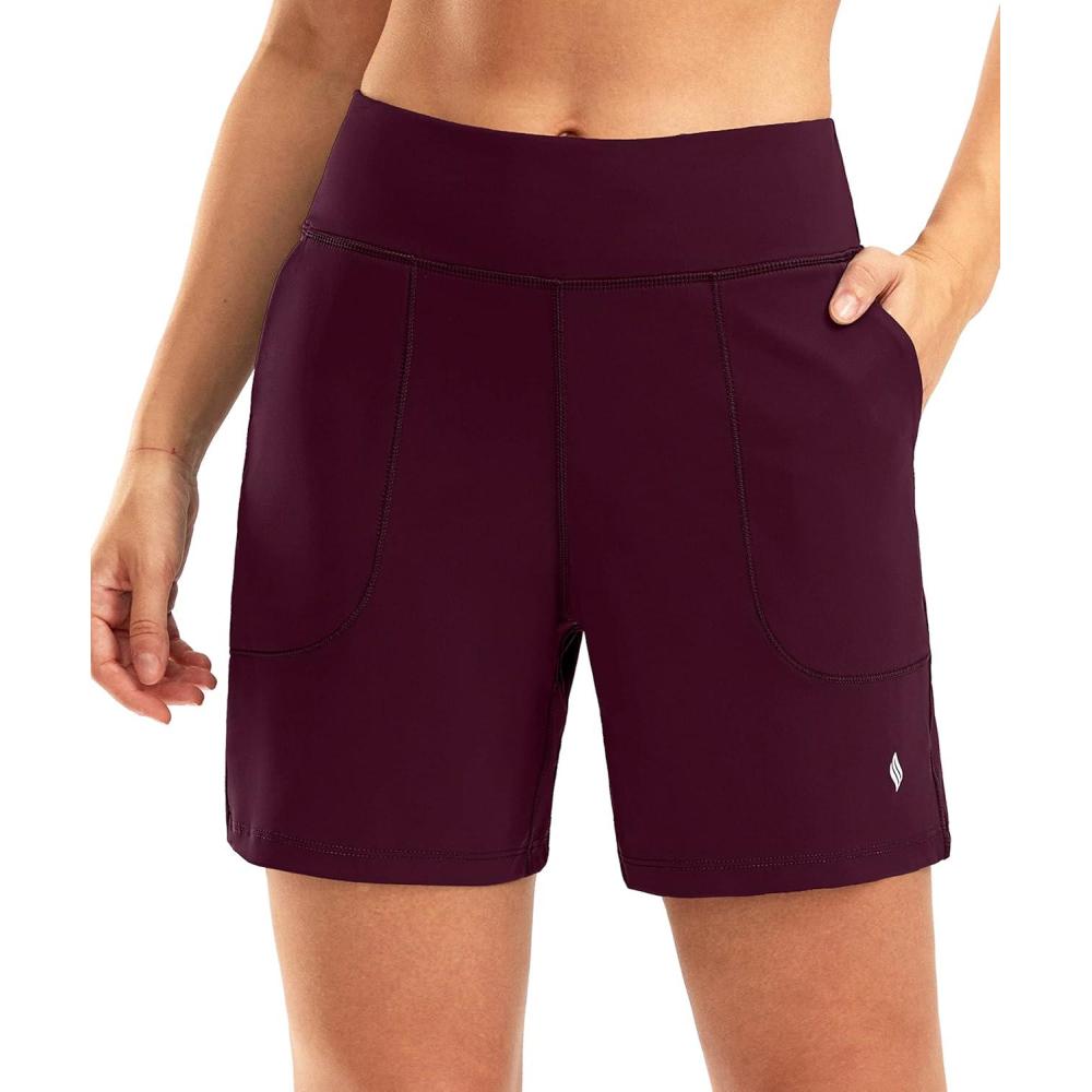 imageSANTINY Womens 6 Athletic Long Shorts with 4 Pockets High Waisted Bermuda Shorts for Women Walking Running CasualWine