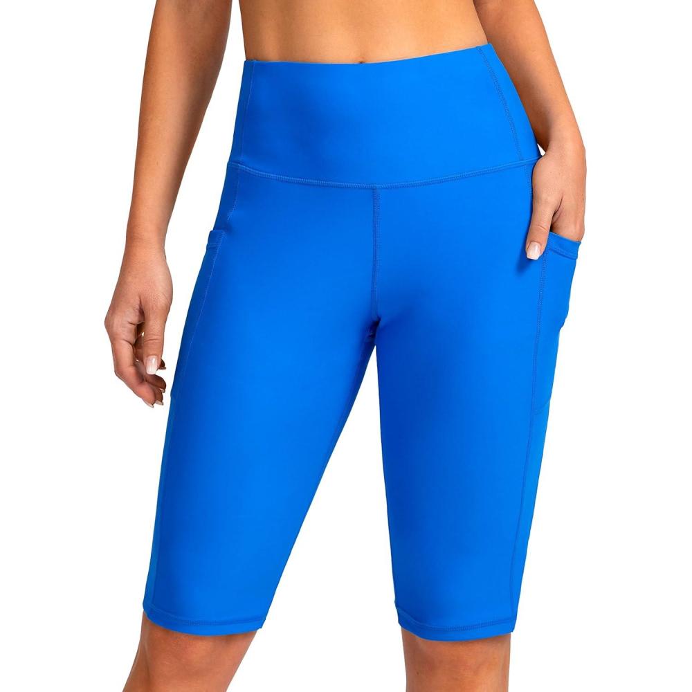imageSANTINY Womens 812 High Waisted Swim Shorts with Pockets UPF50 Long Board Swimming Shorts for Women with Liner12invivid Blue