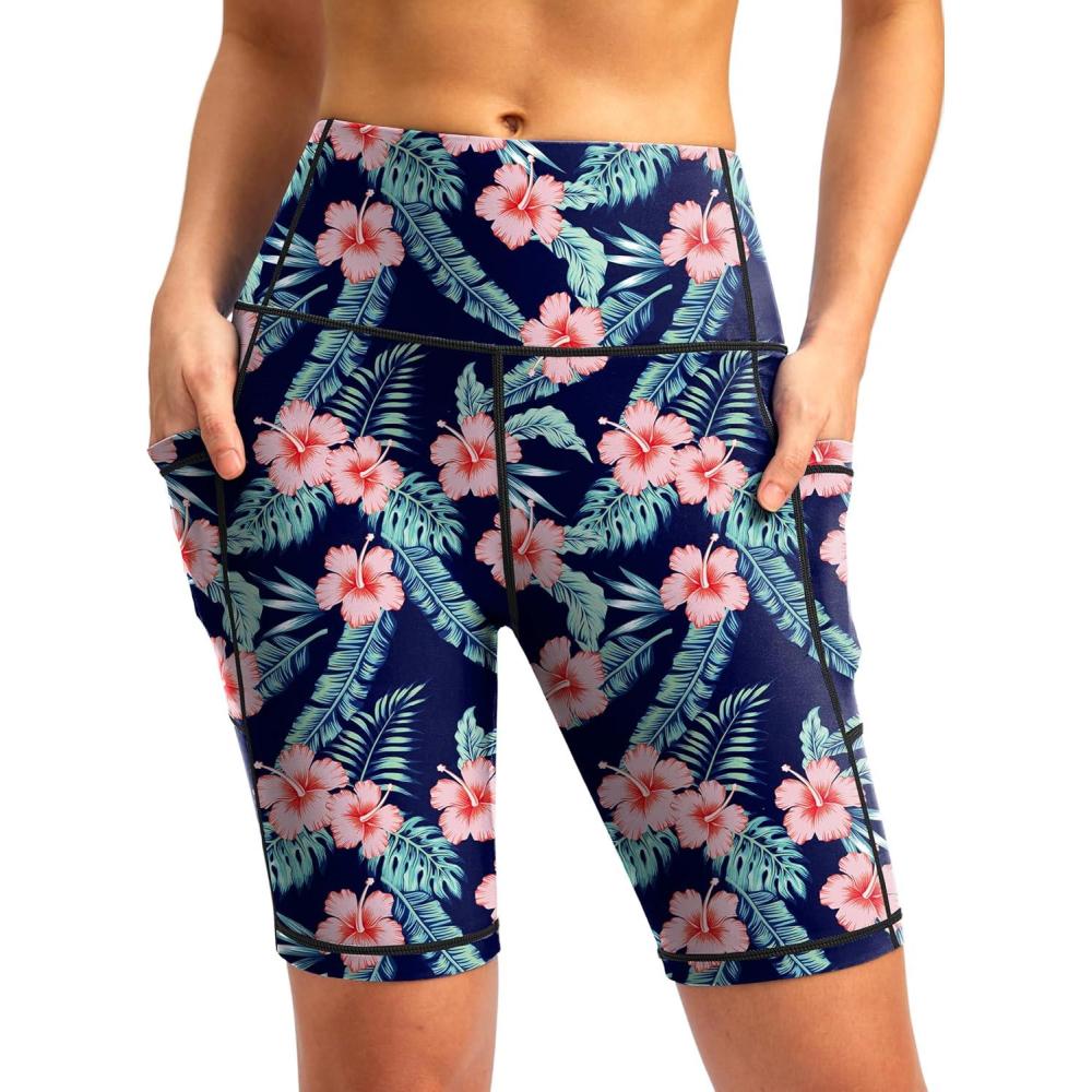imageSANTINY Womens 812 High Waisted Swim Shorts with Pockets UPF50 Long Board Swimming Shorts for Women with Liner8innavy Flower