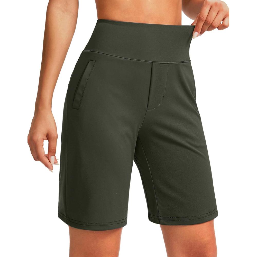 imageSANTINY Womens 9quot High Waisted Bermuda Shorts with 4 Pockets Knee Length Long Shorts for Women Workout Athletic CasualArmy Green