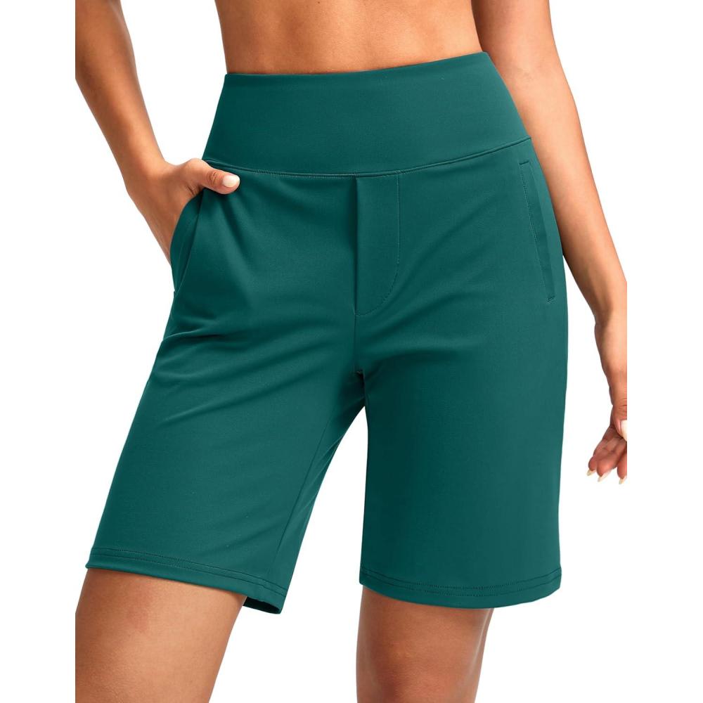 imageSANTINY Womens 9quot High Waisted Bermuda Shorts with 4 Pockets Knee Length Long Shorts for Women Workout Athletic CasualBorealis Green