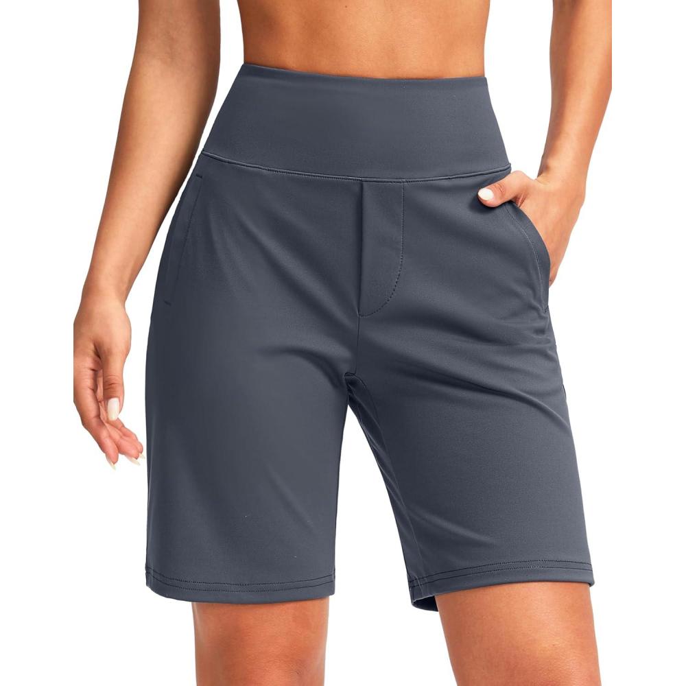 imageSANTINY Womens 9quot High Waisted Bermuda Shorts with 4 Pockets Knee Length Long Shorts for Women Workout Athletic CasualDusty Blue