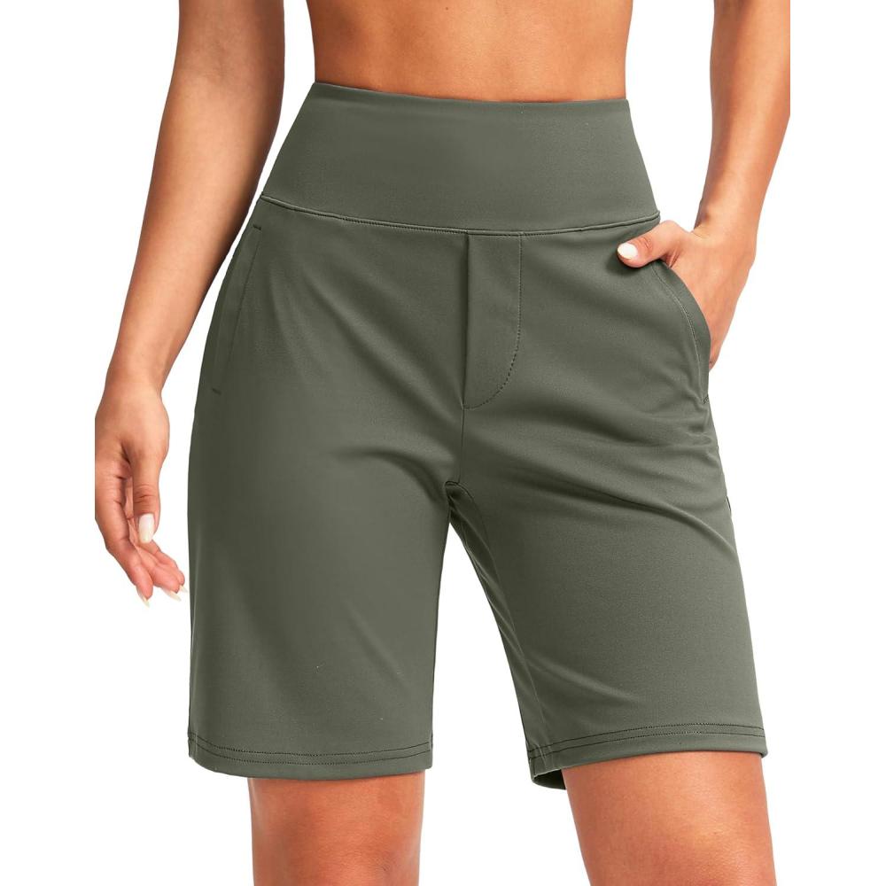 imageSANTINY Womens 9quot High Waisted Bermuda Shorts with 4 Pockets Knee Length Long Shorts for Women Workout Athletic CasualGrey Sage