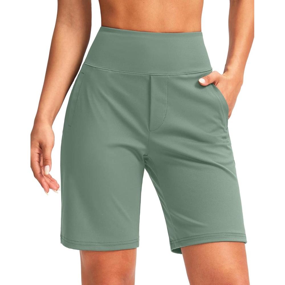 imageSANTINY Womens 9quot High Waisted Bermuda Shorts with 4 Pockets Knee Length Long Shorts for Women Workout Athletic CasualMustard Green