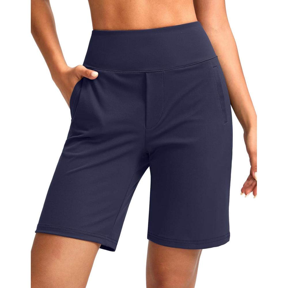 imageSANTINY Womens 9quot High Waisted Bermuda Shorts with 4 Pockets Knee Length Long Shorts for Women Workout Athletic CasualPurplish Blue