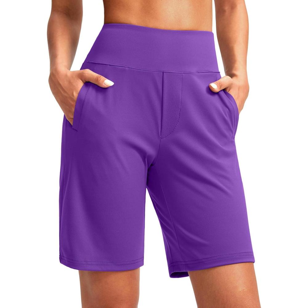 imageSANTINY Womens 9quot High Waisted Bermuda Shorts with 4 Pockets Knee Length Long Shorts for Women Workout Athletic CasualRoyal Lilac