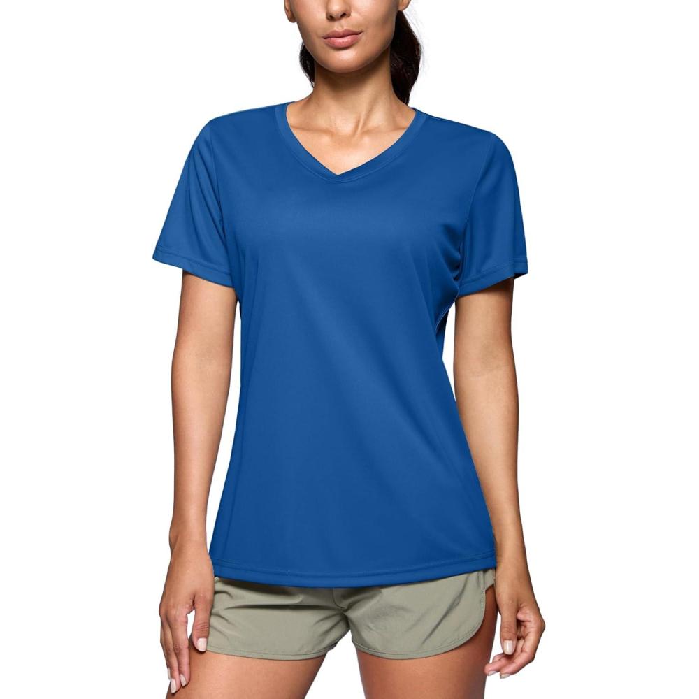 imageSANTINY Womens V Neck Short Sleeve Shirts Uv Protectioin Moisture Wicking Hiking Workout Athletic T Shirts for WomenDeep Blue
