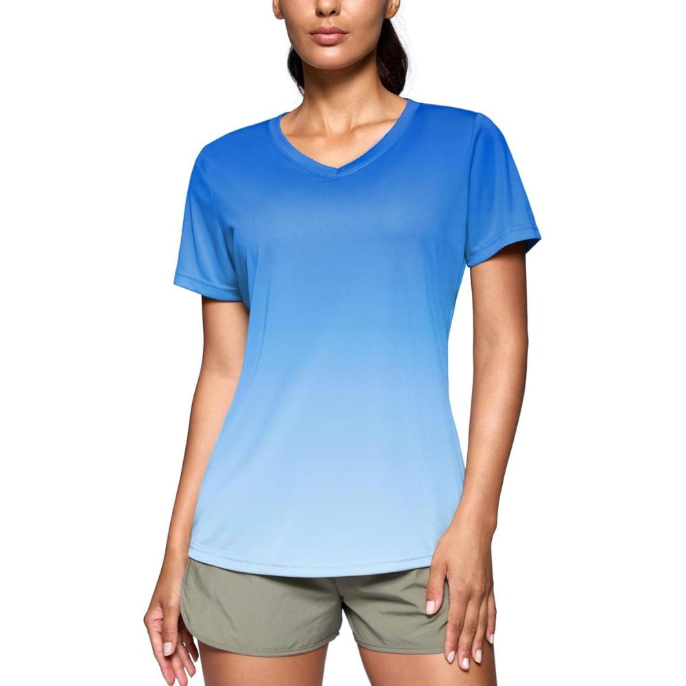 imageSANTINY Womens V Neck Short Sleeve Shirts Uv Protectioin Moisture Wicking Hiking Workout Athletic T Shirts for WomenGradient Blue