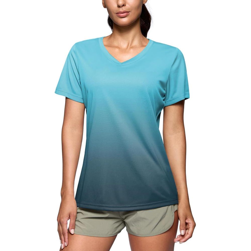 imageSANTINY Womens V Neck Short Sleeve Shirts Uv Protectioin Moisture Wicking Hiking Workout Athletic T Shirts for WomenGradient Green Grey