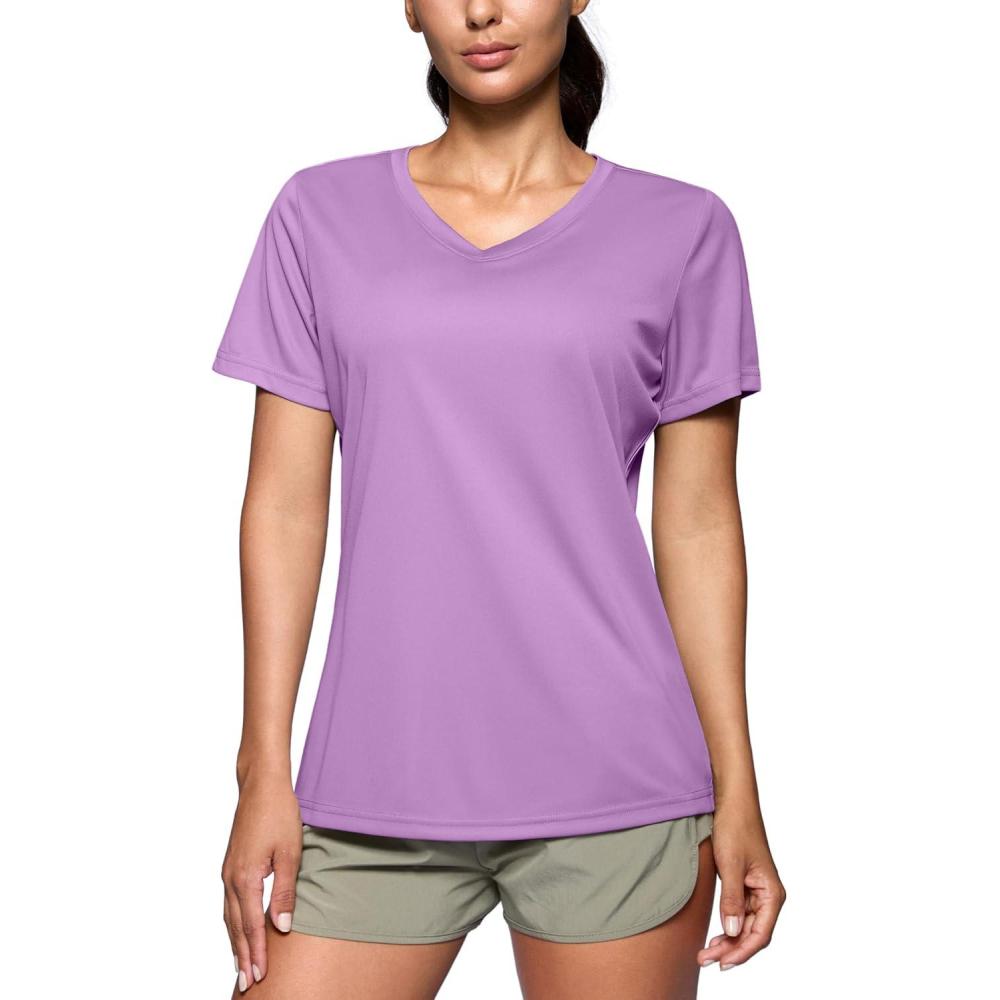 imageSANTINY Womens V Neck Short Sleeve Shirts Uv Protectioin Moisture Wicking Hiking Workout Athletic T Shirts for WomenLavender
