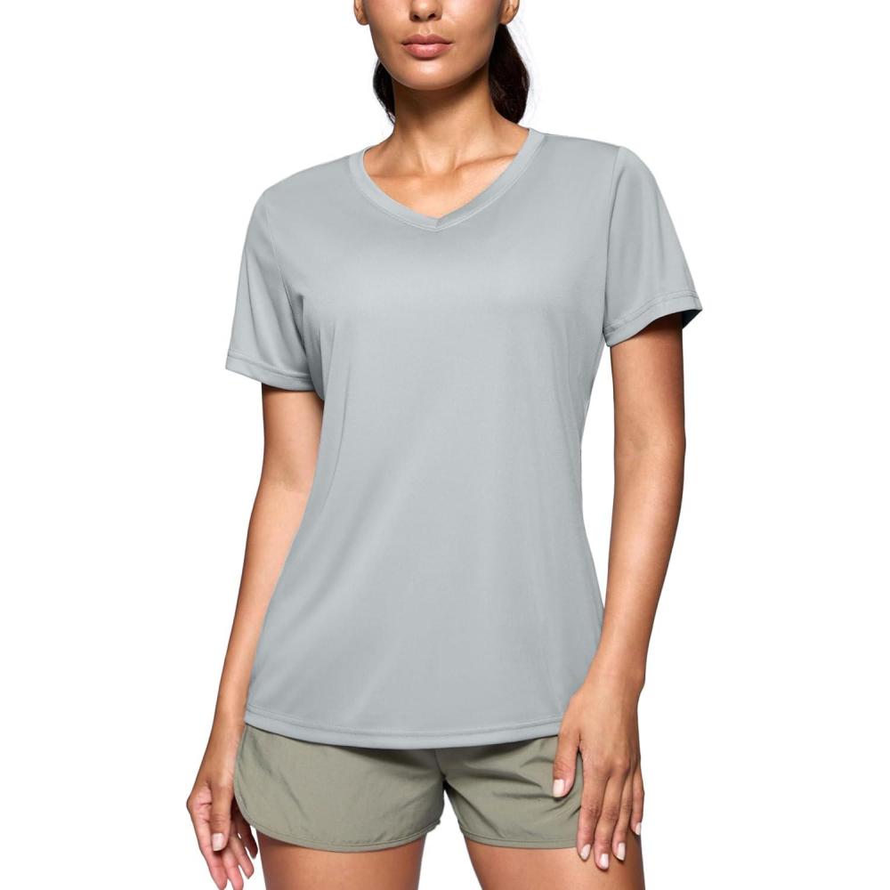 imageSANTINY Womens V Neck Short Sleeve Shirts Uv Protectioin Moisture Wicking Hiking Workout Athletic T Shirts for WomenLight Grey