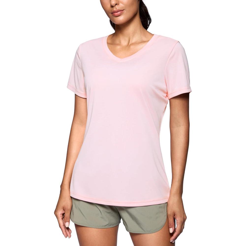 imageSANTINY Womens V Neck Short Sleeve Shirts Uv Protectioin Moisture Wicking Hiking Workout Athletic T Shirts for WomenLight Pink