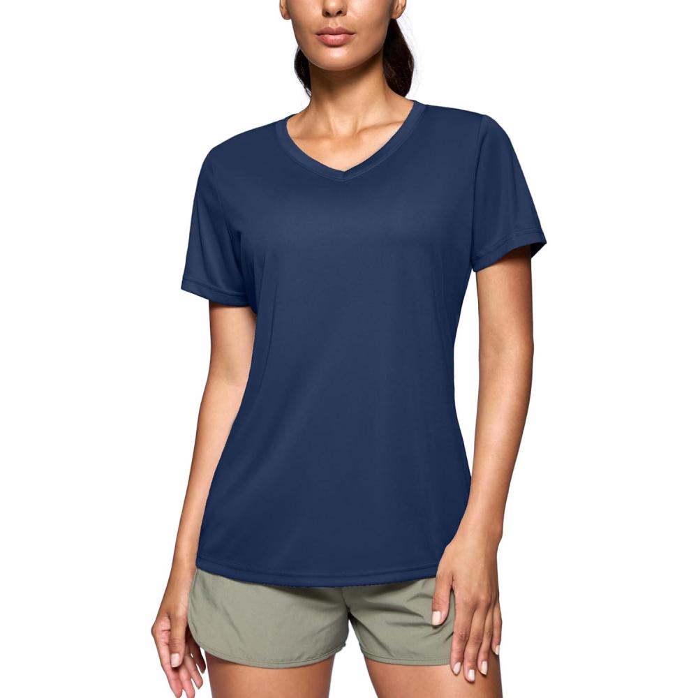 imageSANTINY Womens V Neck Short Sleeve Shirts Uv Protectioin Moisture Wicking Hiking Workout Athletic T Shirts for WomenNavy