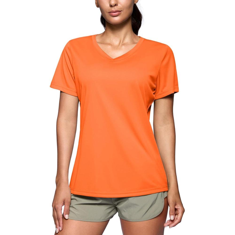 imageSANTINY Womens V Neck Short Sleeve Shirts Uv Protectioin Moisture Wicking Hiking Workout Athletic T Shirts for WomenOrange