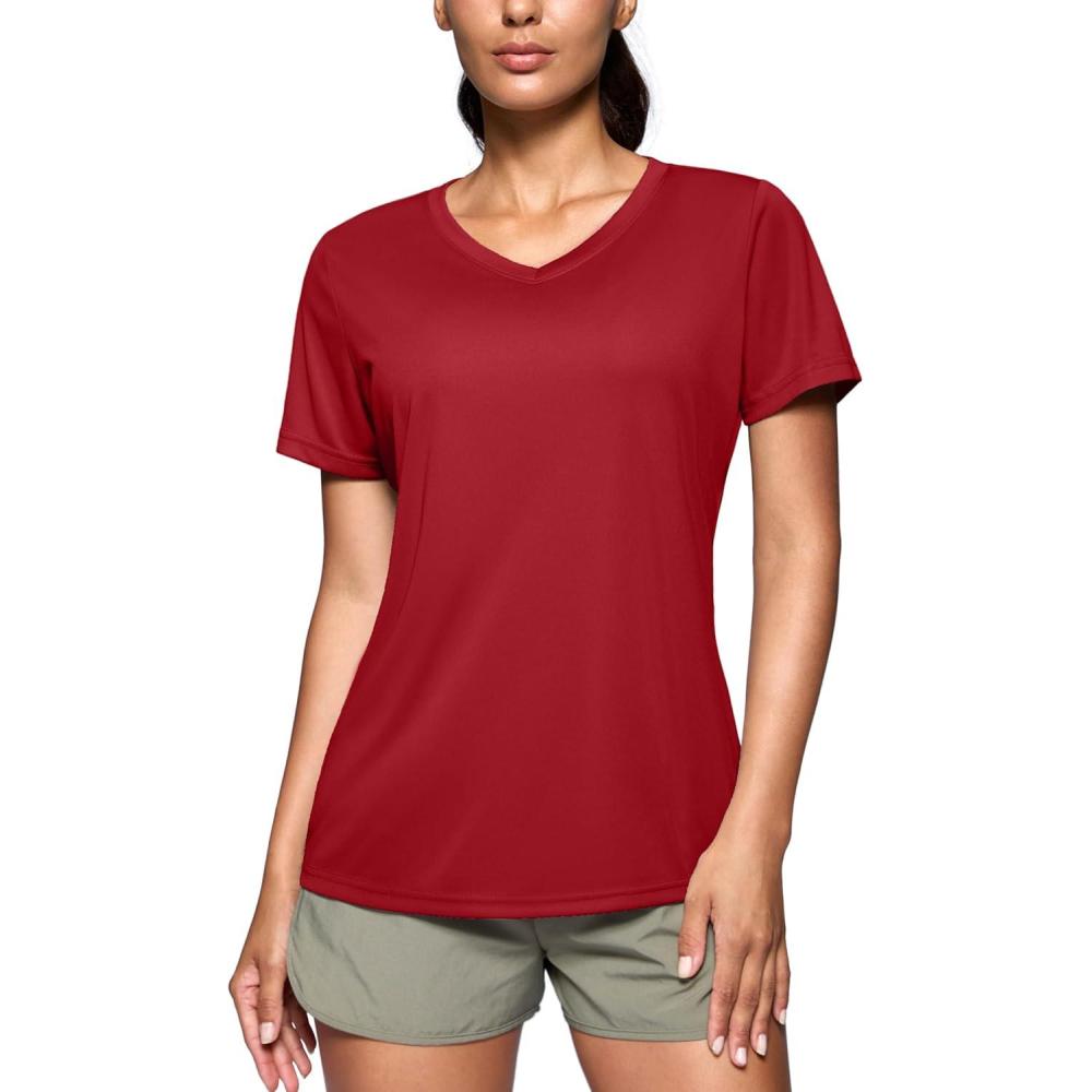 imageSANTINY Womens V Neck Short Sleeve Shirts Uv Protectioin Moisture Wicking Hiking Workout Athletic T Shirts for WomenRed