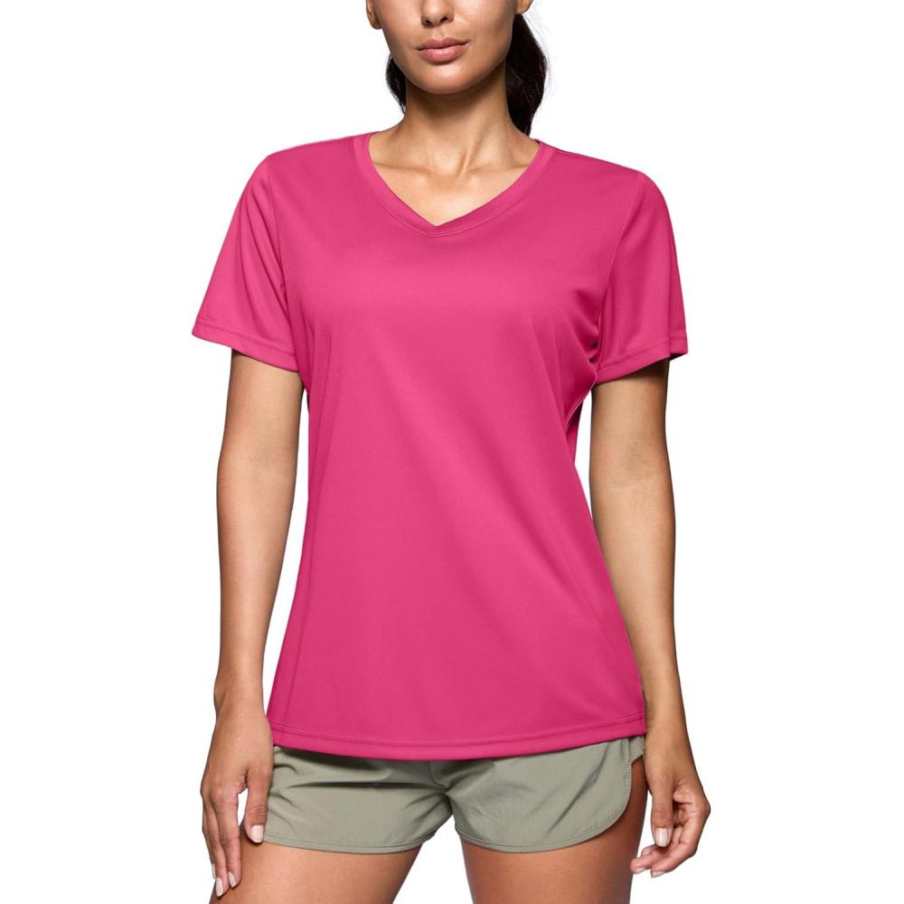 imageSANTINY Womens V Neck Short Sleeve Shirts Uv Protectioin Moisture Wicking Hiking Workout Athletic T Shirts for WomenRose