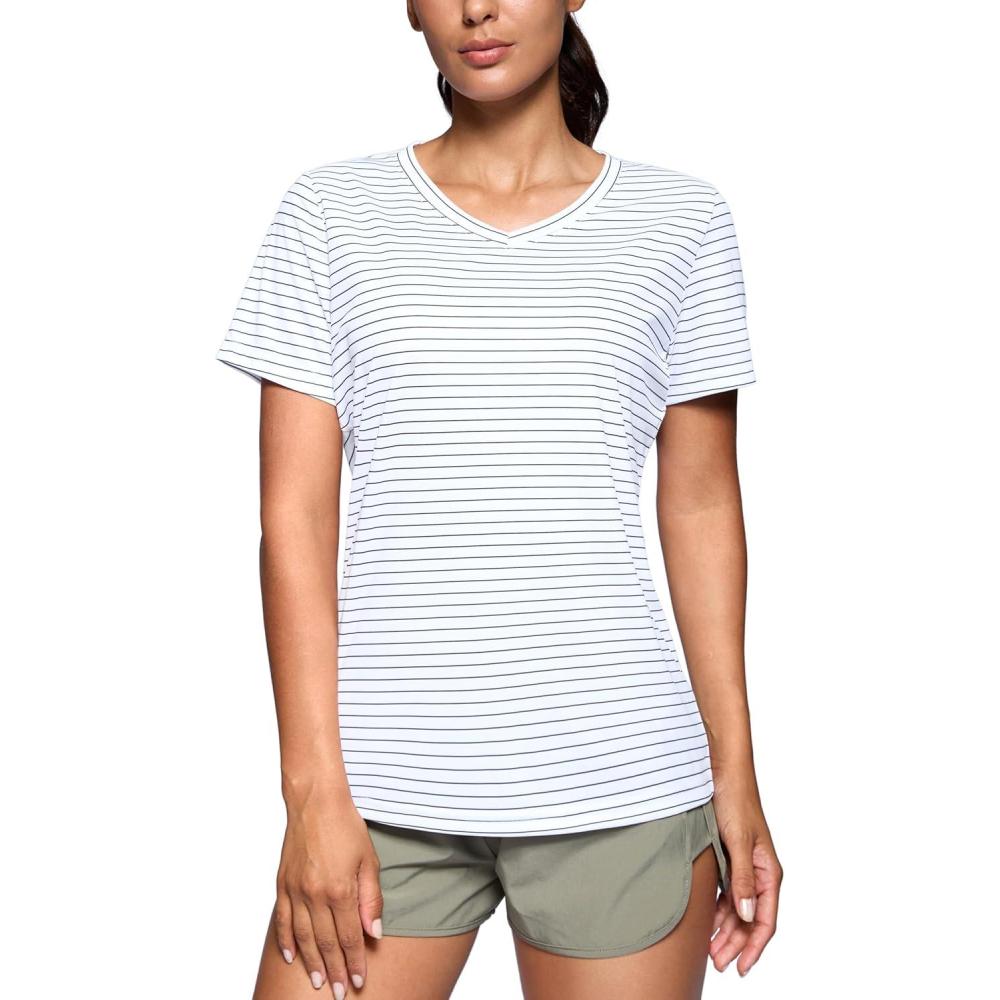 imageSANTINY Womens V Neck Short Sleeve Shirts Uv Protectioin Moisture Wicking Hiking Workout Athletic T Shirts for WomenWhite  Black Stripe