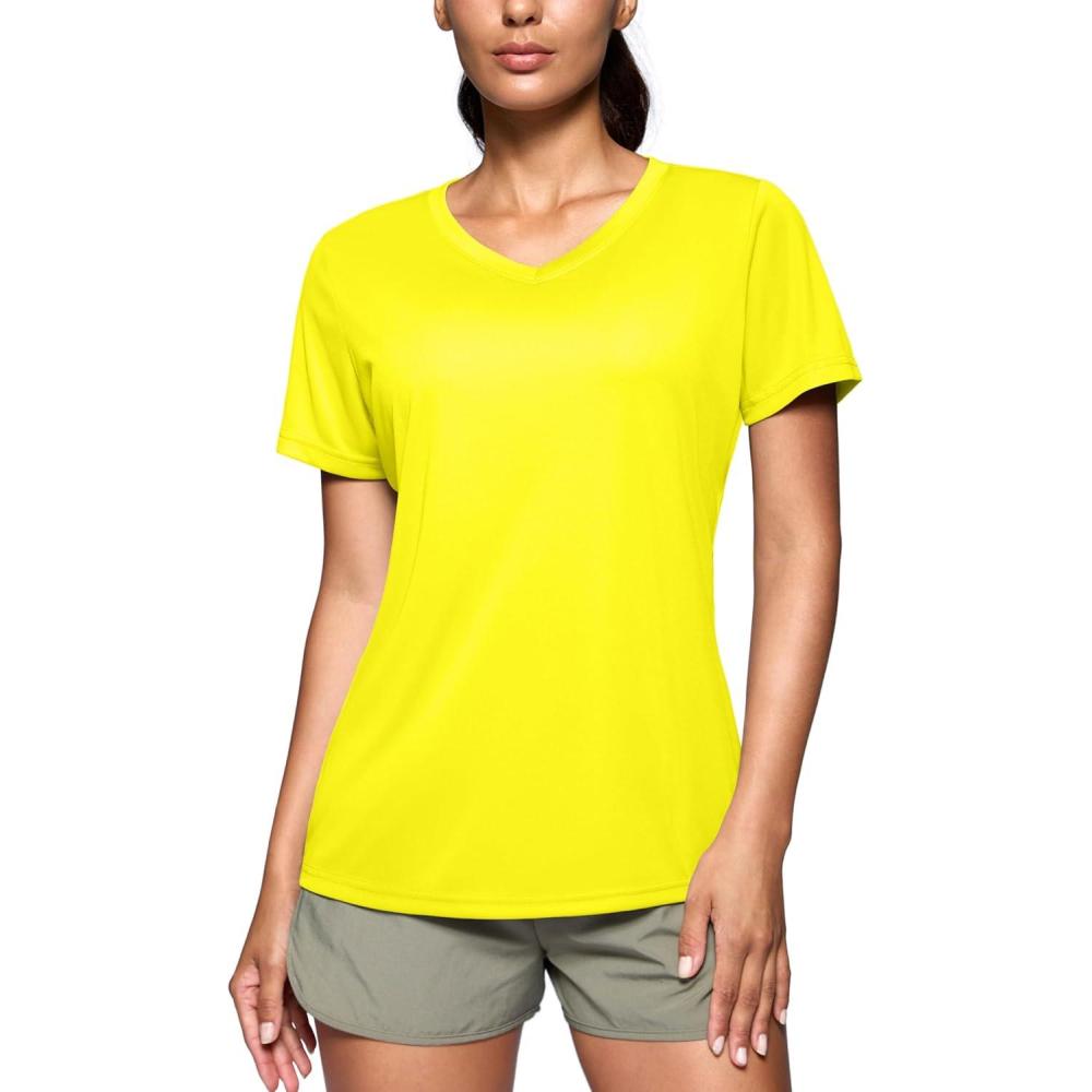 imageSANTINY Womens V Neck Short Sleeve Shirts Uv Protectioin Moisture Wicking Hiking Workout Athletic T Shirts for WomenYellow