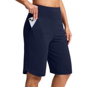 SANTINY 12″ Long Bermuda Shorts for Women Knee Length with Pockets High Waisted Stretch Shorts for Summer Walking(Dark Blue)
