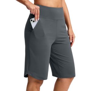SANTINY 12″ Long Bermuda Shorts for Women Knee Length with Pockets High Waisted Stretch Shorts for Summer Walking(Dark Grey)