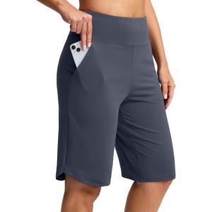 SANTINY 12″ Long Bermuda Shorts for Women Knee Length with Pockets High Waisted Stretch Shorts for Summer Walking(Grey Blue)
