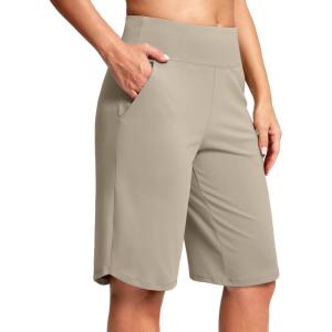 SANTINY 12″ Long Bermuda Shorts for Women Knee Length with Pockets High Waisted Stretch Shorts for Summer Walking(Khaki)