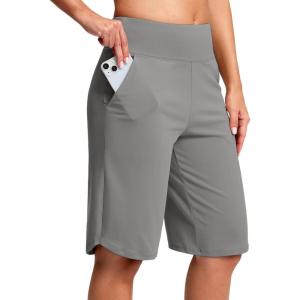 SANTINY 12″ Long Bermuda Shorts for Women Knee Length with Pockets High Waisted Stretch Shorts for Summer Walking(Light Grey)