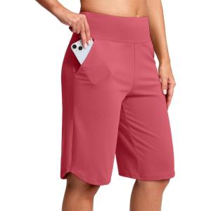 SANTINY 12″ Long Bermuda Shorts for Women Knee Length with Pockets High Waisted Stretch Shorts for Summer Walking(Rose Pink)