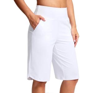 SANTINY 12″ Long Bermuda Shorts for Women Knee Length with Pockets High Waisted Stretch Shorts for Summer Walking(White)