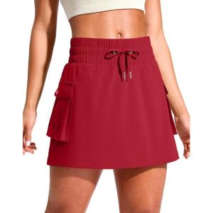 SANTINY 14″ Cargo Skorts for Women with 4 Pockets Drawstring High Waisted Golf Hiking Skirt for Casual Summer Travel(Red)