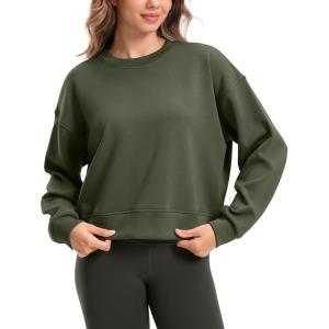 SANTINY Fleece Cropped Sweatshirts for Women Soft Crewneck Sweatshirt Pullover Long Sleeve Workout Crop Tops(Army Green)