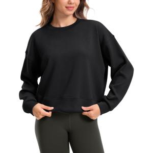 SANTINY Fleece Cropped Sweatshirts for Women Soft Crewneck Sweatshirt Pullover Long Sleeve Workout Crop Tops(Black)