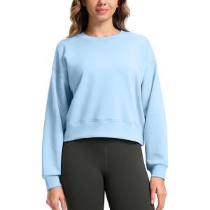 SANTINY Fleece Cropped Sweatshirts for Women Soft Crewneck Sweatshirt Pullover Long Sleeve Workout Crop Tops(Light Blue)