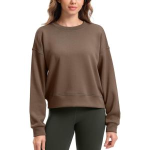 SANTINY Fleece Cropped Sweatshirts for Women Soft Crewneck Sweatshirt Pullover Long Sleeve Workout Crop Tops(Light Brown)