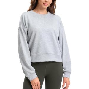 SANTINY Fleece Cropped Sweatshirts for Women Soft Crewneck Sweatshirt Pullover Long Sleeve Workout Crop Tops(Light Heather Grey)