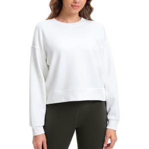 SANTINY Fleece Cropped Sweatshirts for Women Soft Crewneck Sweatshirt Pullover Long Sleeve Workout Crop Tops(White)