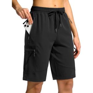 SANTINY Women’s 10” Lightweight Hiking Cargo Shorts with 5 Zipper Pockets Quick Dry Summer Long Travel Golf Shorts for Women(Black)