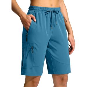 SANTINY Women’s 10” Lightweight Hiking Cargo Shorts with 5 Zipper Pockets Quick Dry Summer Long Travel Golf Shorts for Women(Blue Green)