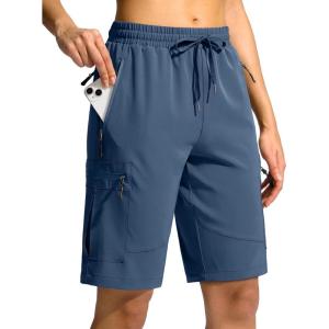 SANTINY Women’s 10” Lightweight Hiking Cargo Shorts with 5 Zipper Pockets Quick Dry Summer Long Travel Golf Shorts for Women(Dusty Blue)