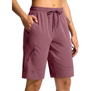 SANTINY Women’s 10” Lightweight Hiking Cargo Shorts with 5 Zipper Pockets Quick Dry Summer Long Travel Golf Shorts for Women(Dusty Pink)
