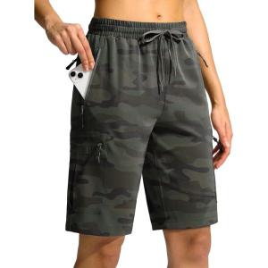 SANTINY Women’s 10” Lightweight Hiking Cargo Shorts with 5 Zipper Pockets Quick Dry Summer Long Travel Golf Shorts for Women(Green Camo)