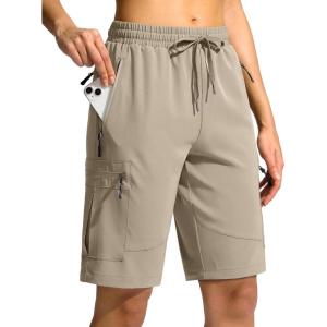 SANTINY Women’s 10” Lightweight Hiking Cargo Shorts with 5 Zipper Pockets Quick Dry Summer Long Travel Golf Shorts for Women(Khaki)