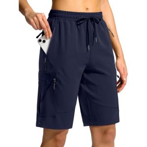 SANTINY Women’s 10” Lightweight Hiking Cargo Shorts with 5 Zipper Pockets Quick Dry Summer Long Travel Golf Shorts for Women(Navy)