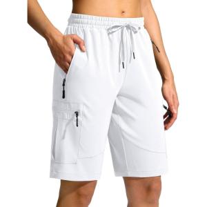SANTINY Women’s 10” Lightweight Hiking Cargo Shorts with 5 Zipper Pockets Quick Dry Summer Long Travel Golf Shorts for Women(White)