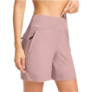 SANTINY Women’s 5”/ 7”Hiking Shorts with 3 Zipper Pockets Lightweight Quick Dry Golf Shorts for Women Athletic Walking(Pink)