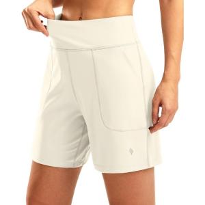 SANTINY Women’s 6” Athletic Long Shorts with 4 Pockets High Waisted Bermuda Shorts for Women Walking Running Casual(Beige)