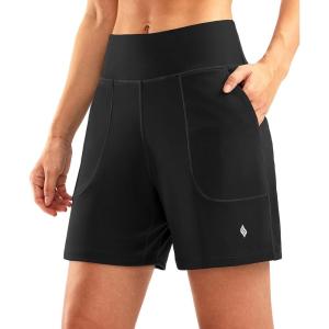 SANTINY Women’s 6” Athletic Long Shorts with 4 Pockets High Waisted Bermuda Shorts for Women Walking Running Casual(Black)