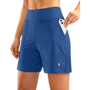 SANTINY Women’s 6” Athletic Long Shorts with 4 Pockets High Waisted Bermuda Shorts for Women Walking Running Casual(Blue)