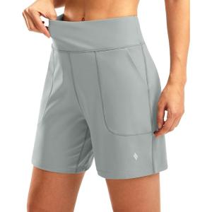 SANTINY Women’s 6” Athletic Long Shorts with 4 Pockets High Waisted Bermuda Shorts for Women Walking Running Casual(Bright Grey)