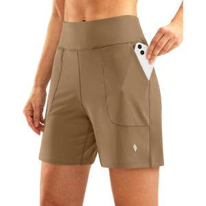 SANTINY Women’s 6” Athletic Long Shorts with 4 Pockets High Waisted Bermuda Shorts for Women Walking Running Casual(Khaki)